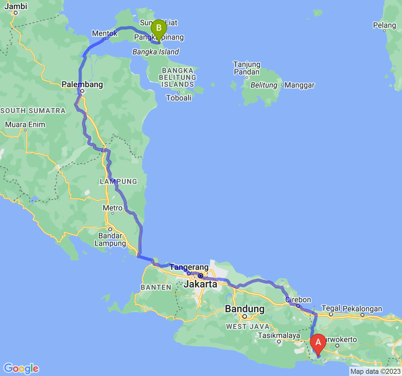 rute perjalanan Kab. Cilacap-Kota Pangkalpinang