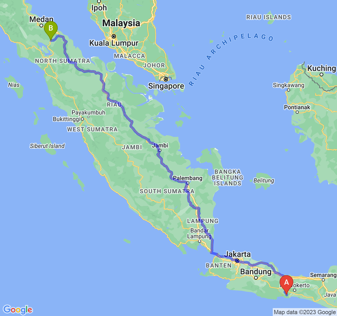 rute perjalanan Kab. Cilacap-Kota Pematangsiantar