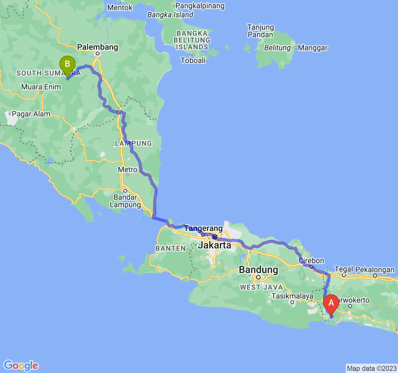 rute perjalanan Kab. Cilacap-Kota Prabumulih