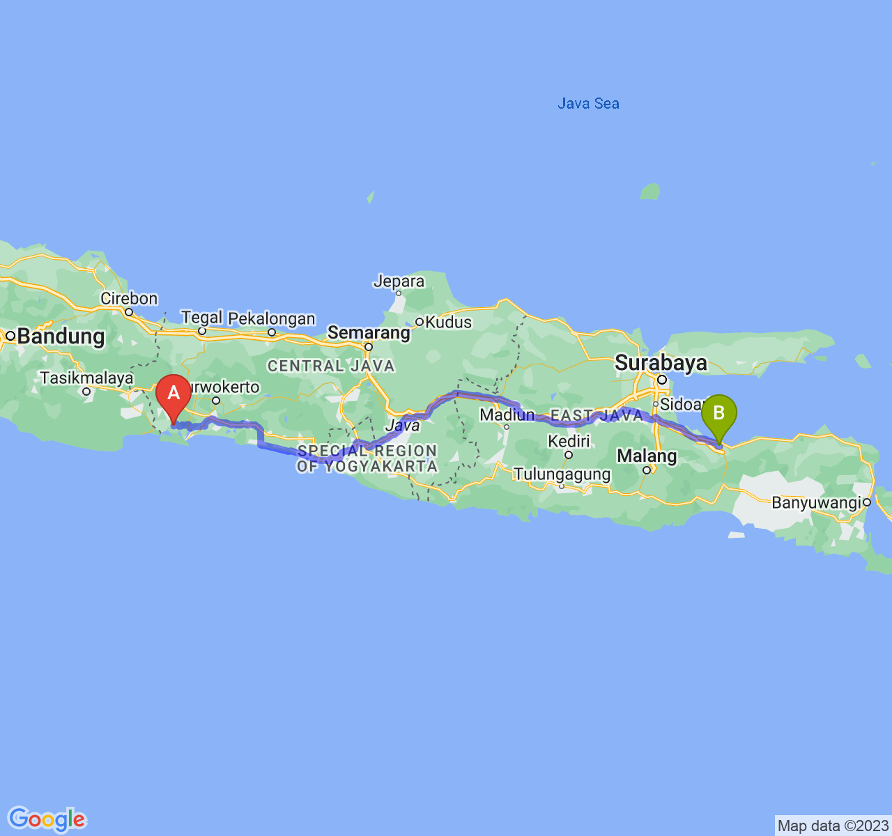 rute perjalanan Kab. Cilacap-Kota Probolinggo
