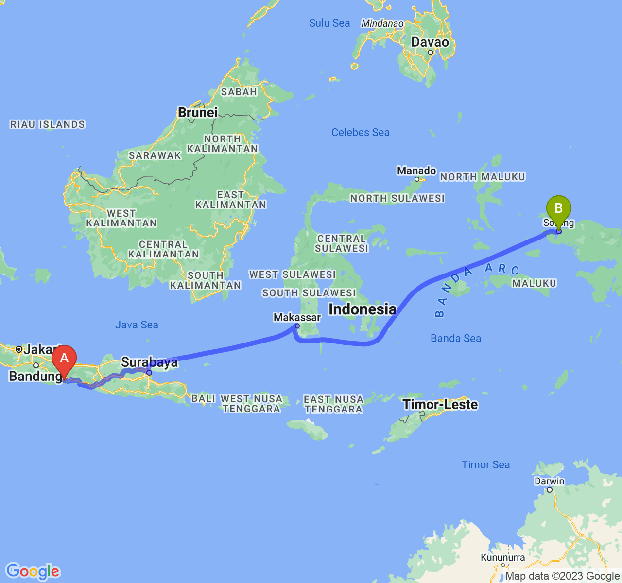 rute perjalanan Kab. Cilacap-Kota Sorong