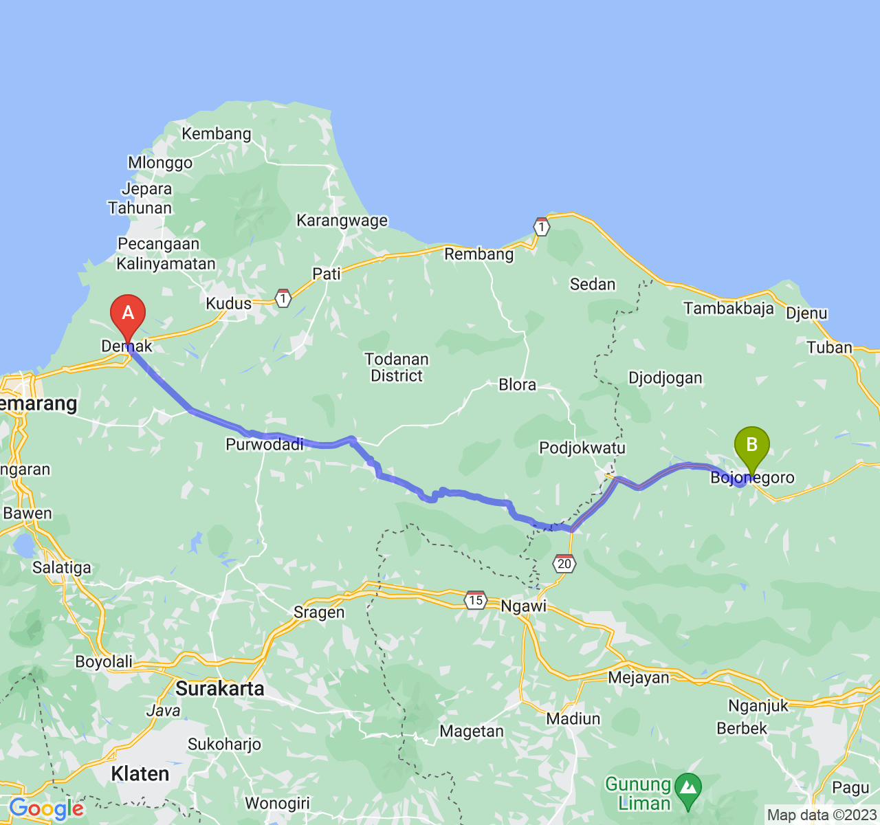 rute perjalanan Kab. Demak-Kab. Bojonegoro