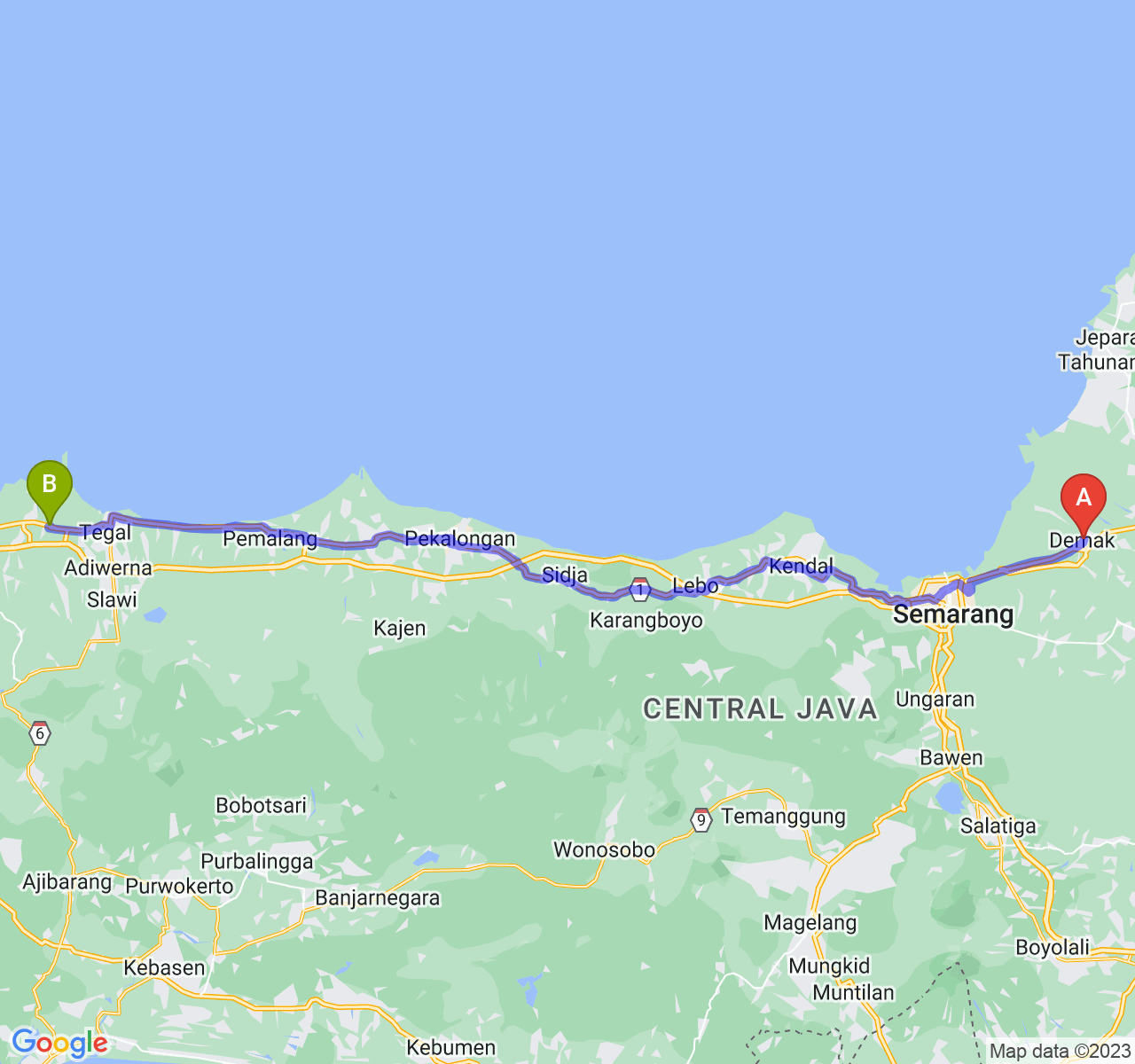 rute perjalanan Kab. Demak-Kab. Brebes