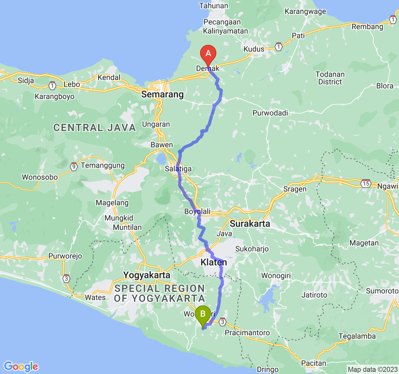 rute perjalanan Kab. Demak-Kab. Gunung Kidul