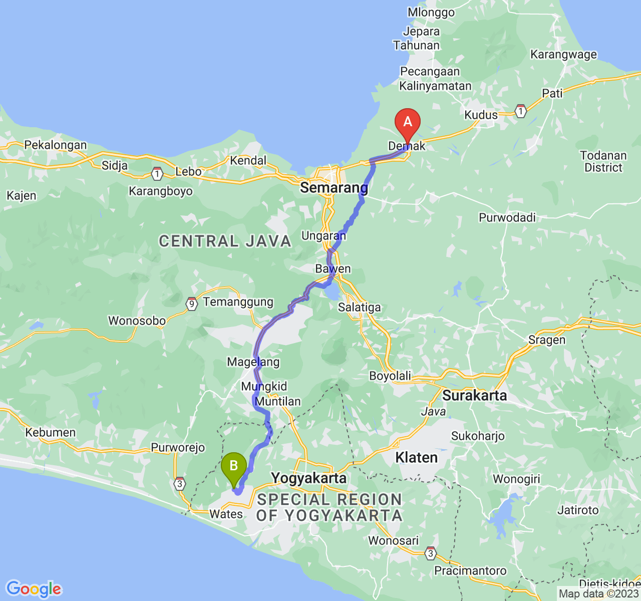 rute perjalanan Kab. Demak-Kab. Kulon Progo