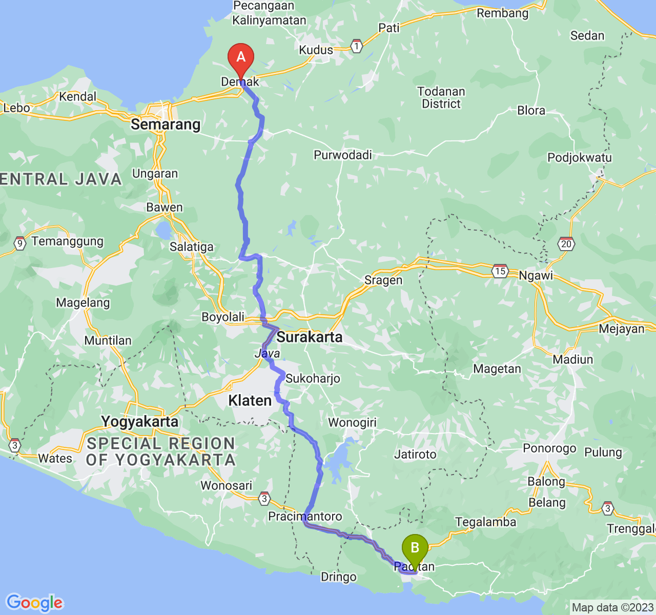 rute perjalanan Kab. Demak-Kab. Pacitan