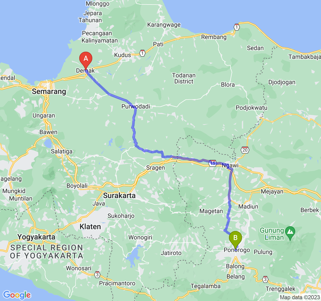 rute perjalanan Kab. Demak-Kab. Ponorogo