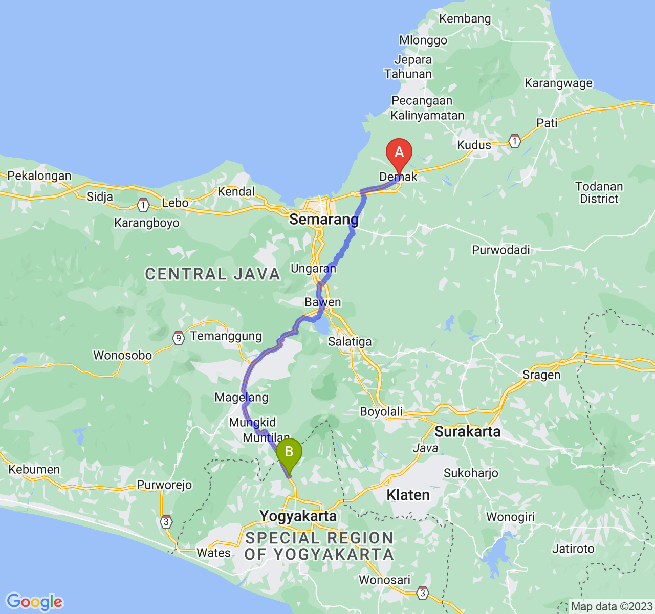 rute perjalanan Kab. Demak-Kab. Sleman