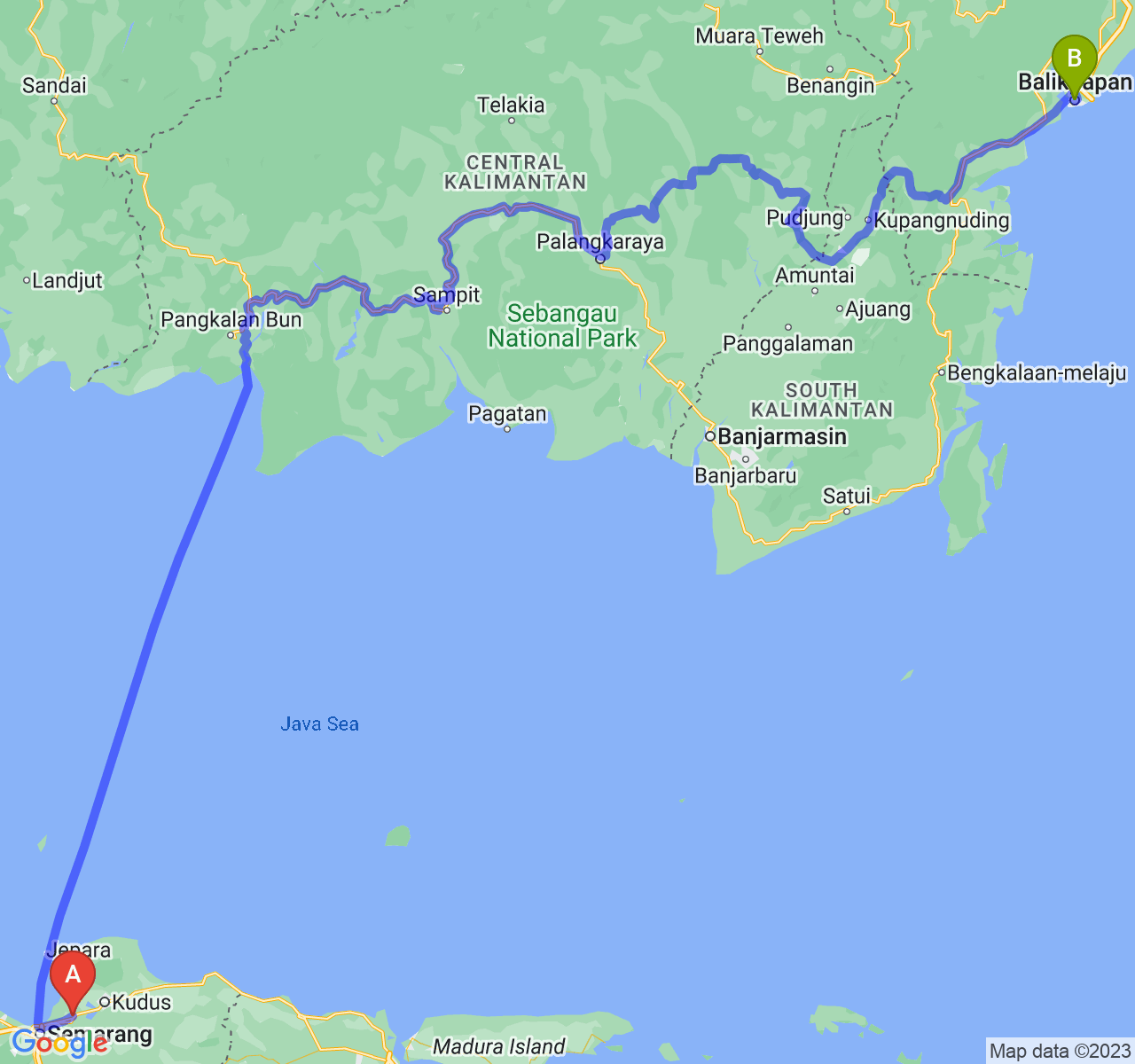 rute perjalanan Kab. Demak-Kota Balikpapan