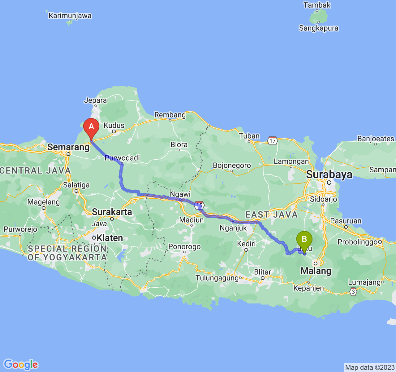 rute perjalanan Kab. Demak-Kota Batu