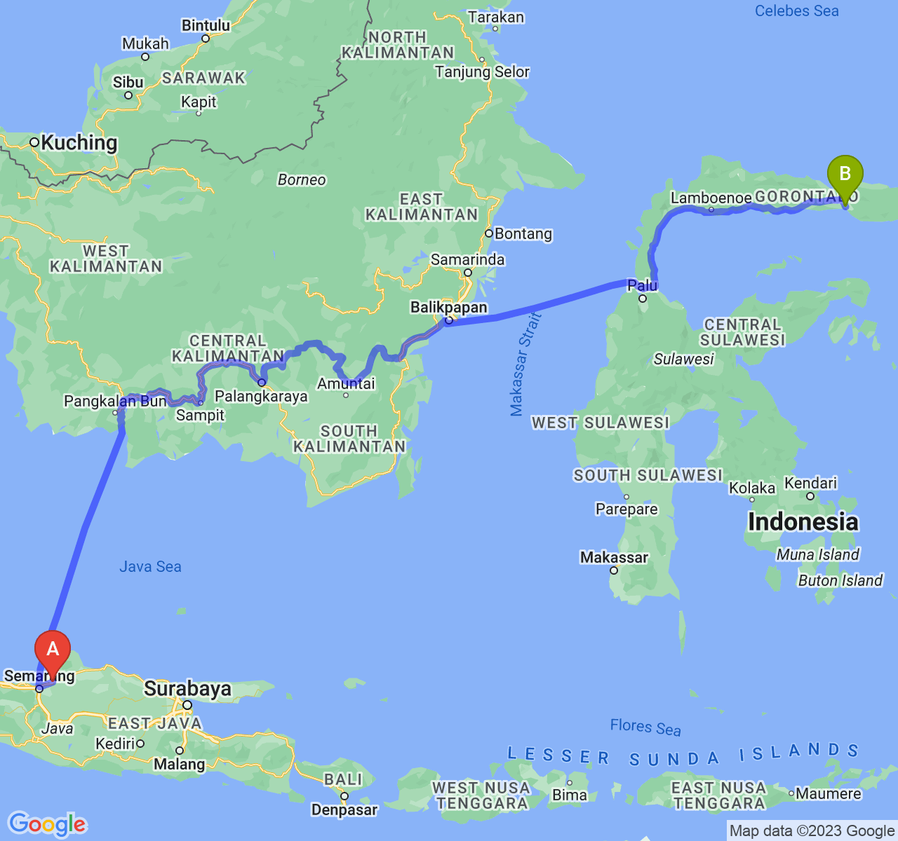 rute perjalanan Kab. Demak-Kota Gorontalo