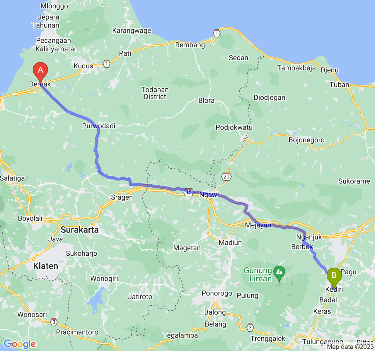 rute perjalanan Kab. Demak-Kota Kediri