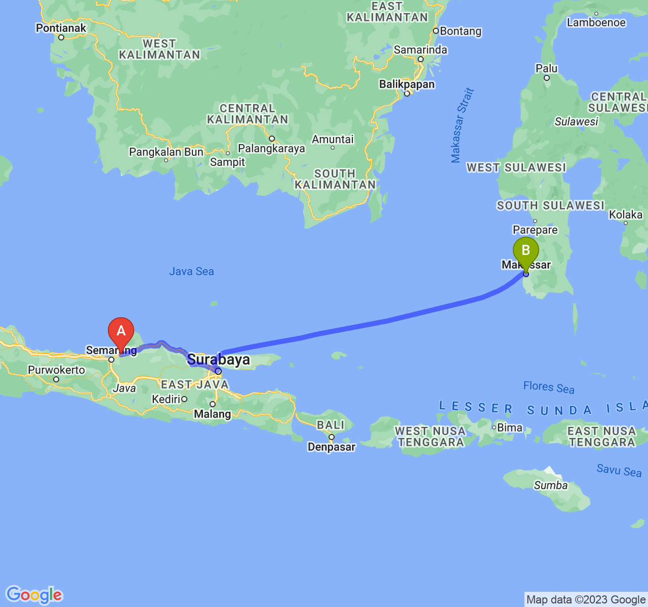 rute perjalanan Kab. Demak-Kota Makassar