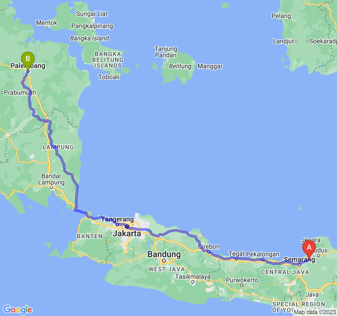 rute perjalanan Kab. Demak-Kota Palembang