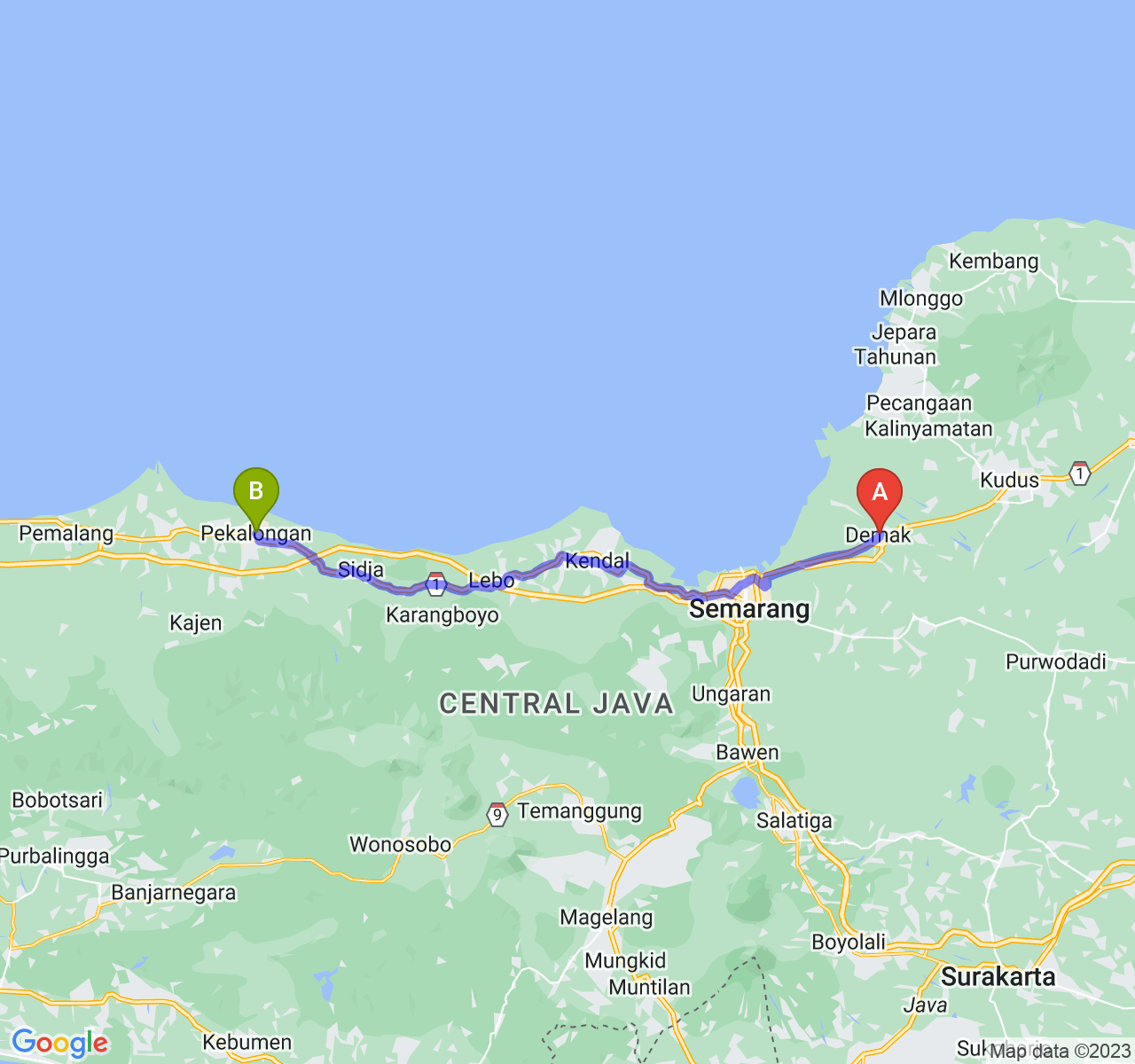 rute perjalanan Kab. Demak-Kota Pekalongan