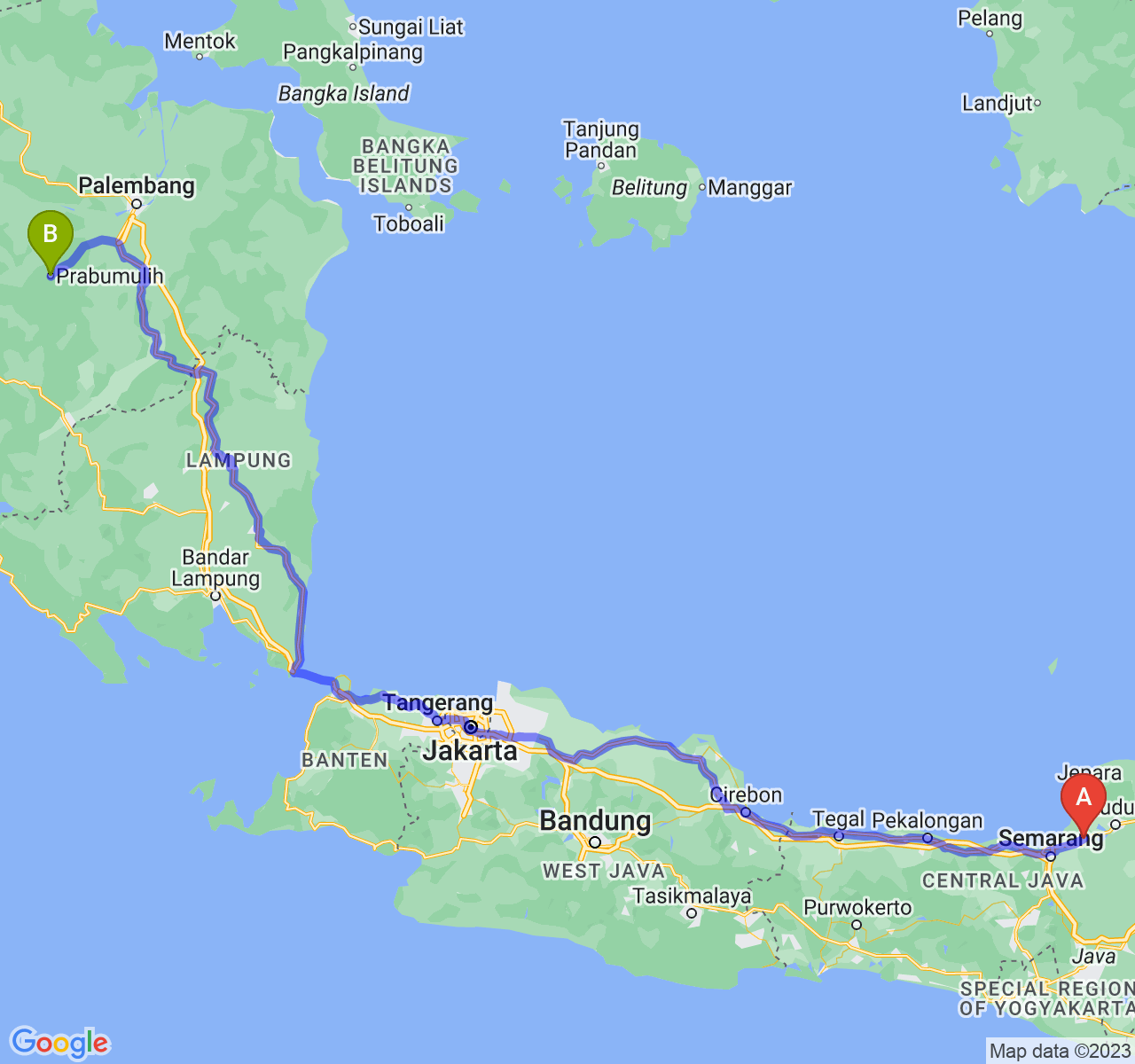 rute perjalanan Kab. Demak-Kota Prabumulih