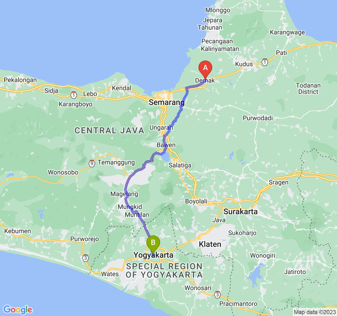 rute perjalanan Kab. Demak-Kota Yogyakarta