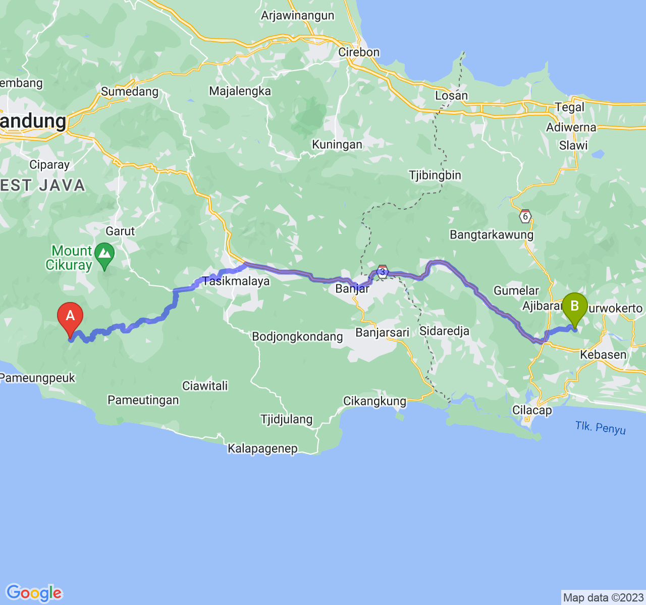 rute perjalanan Kab. Garut-Kab. Banyumas