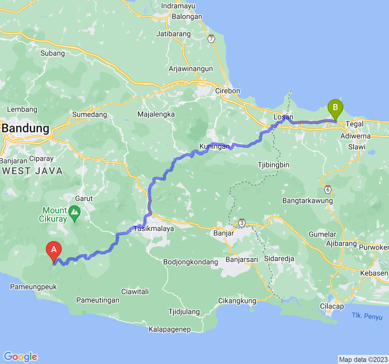 rute perjalanan Kab. Garut-Kab. Brebes