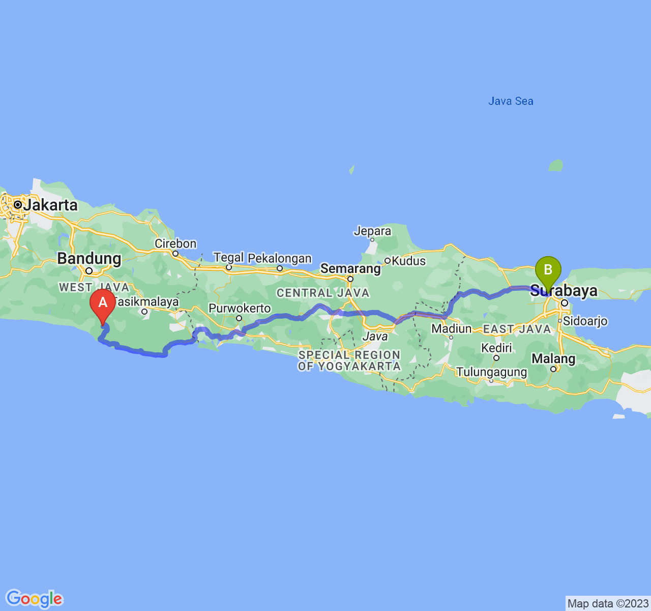 rute perjalanan Kab. Garut-Kab. Gresik