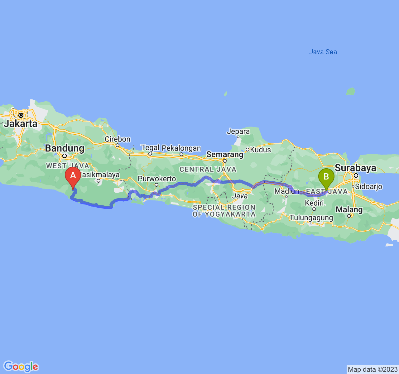 rute perjalanan Kab. Garut-Kab. Jombang