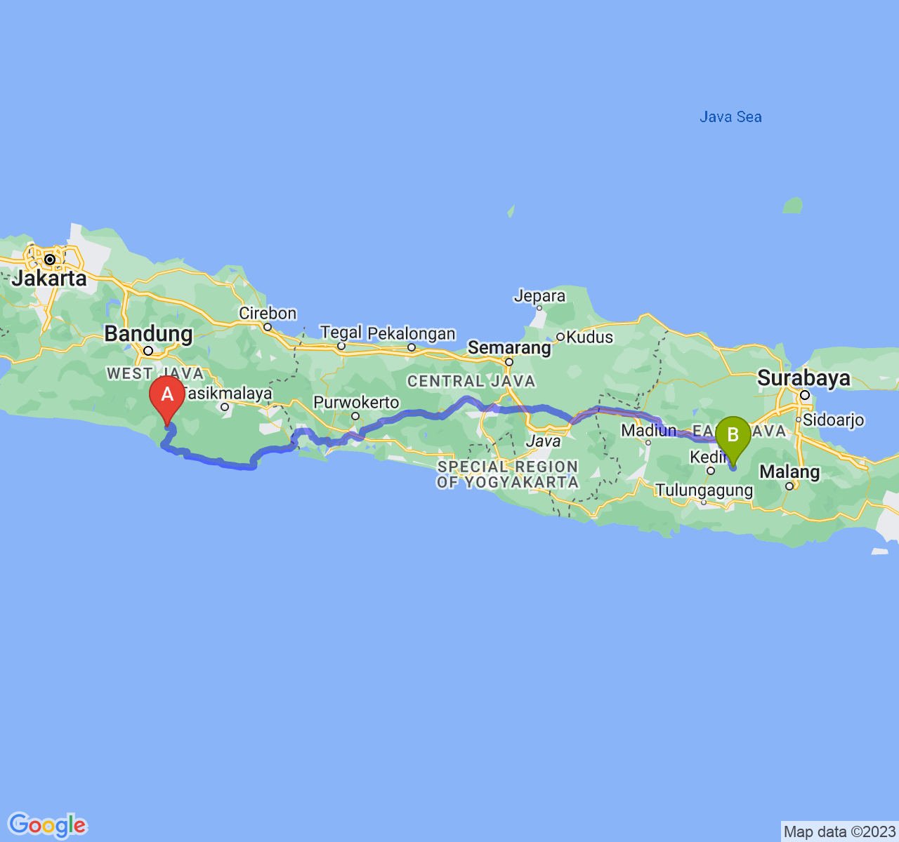 rute perjalanan Kab. Garut-Kab. Kediri