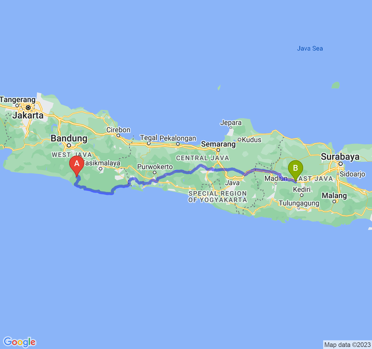 rute perjalanan Kab. Garut-Kab. Nganjuk