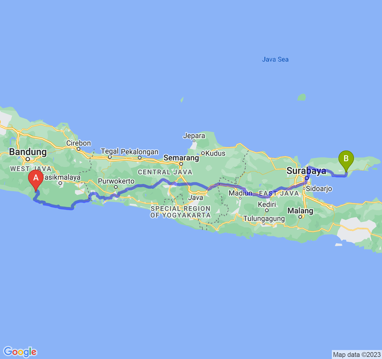 rute perjalanan Kab. Garut-Kab. Pamekasan