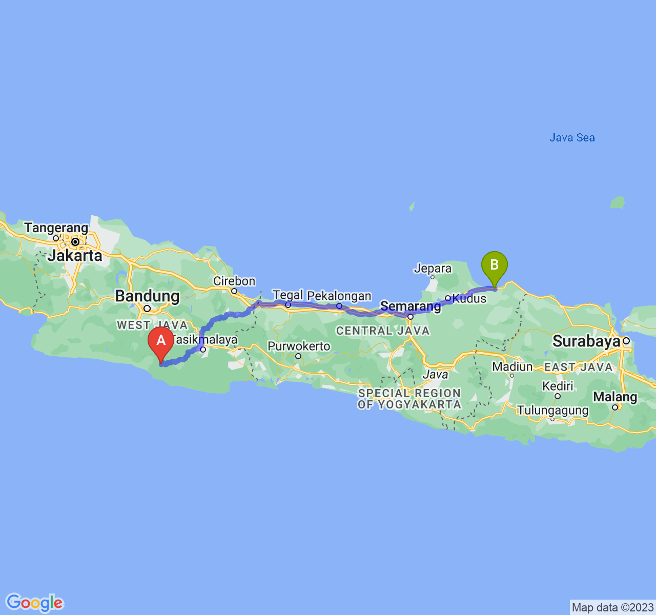 rute perjalanan Kab. Garut-Kab. Rembang