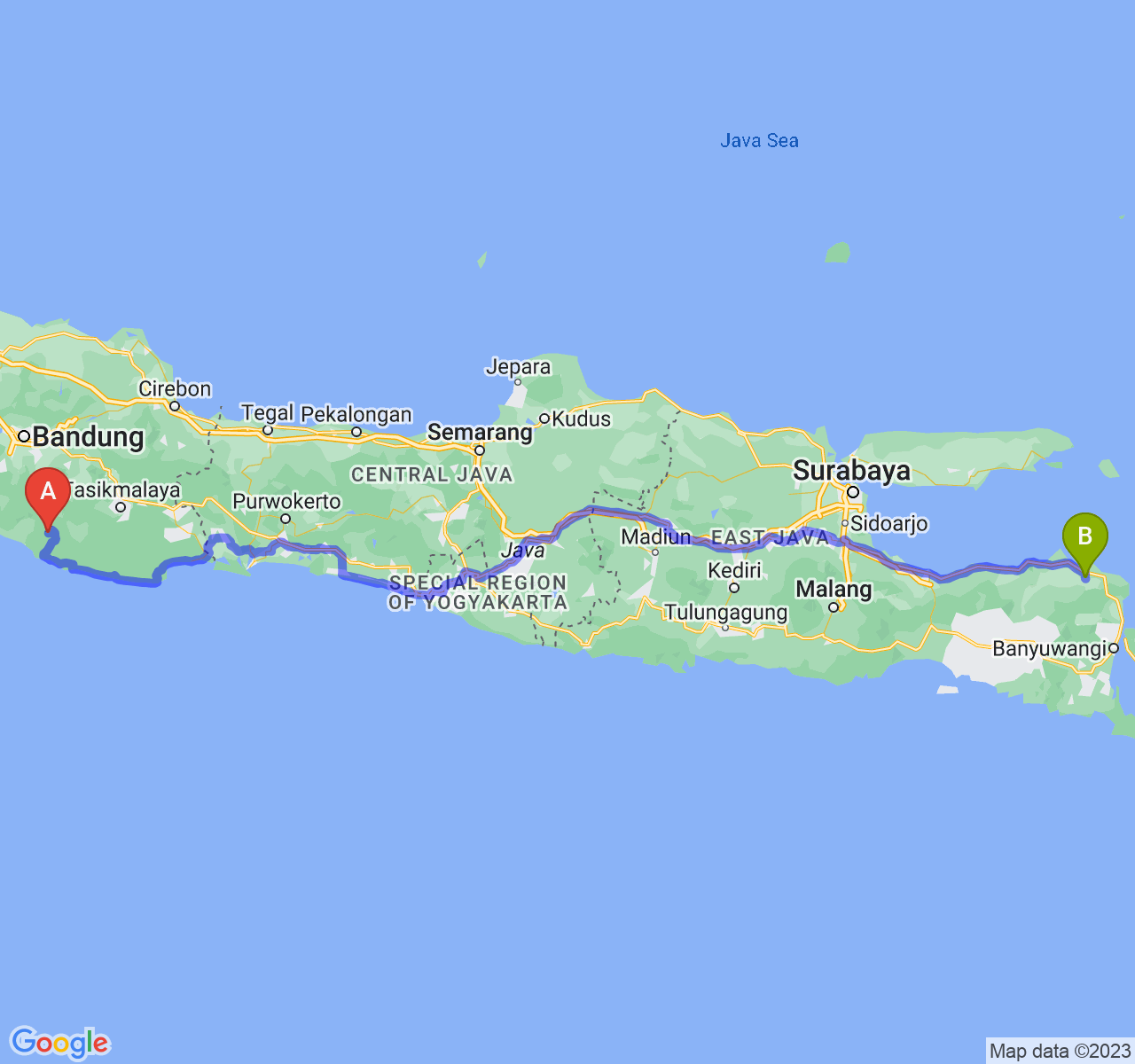 rute perjalanan Kab. Garut-Kab. Situbondo