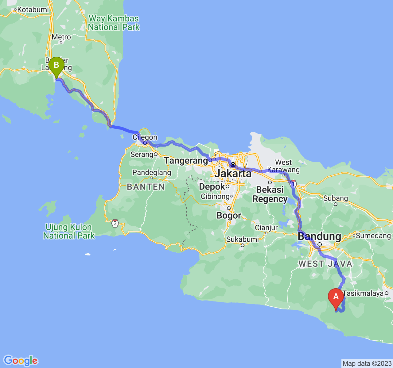 rute perjalanan Kab. Garut-Kota Bandar Lampung