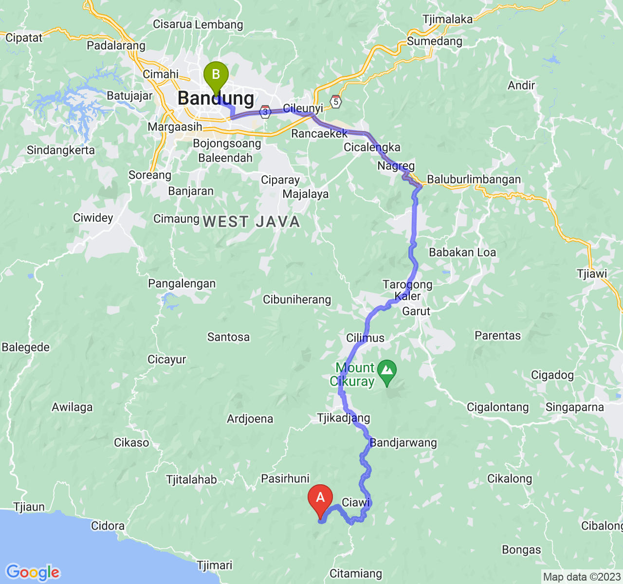 rute perjalanan Kab. Garut-Kota Bandung