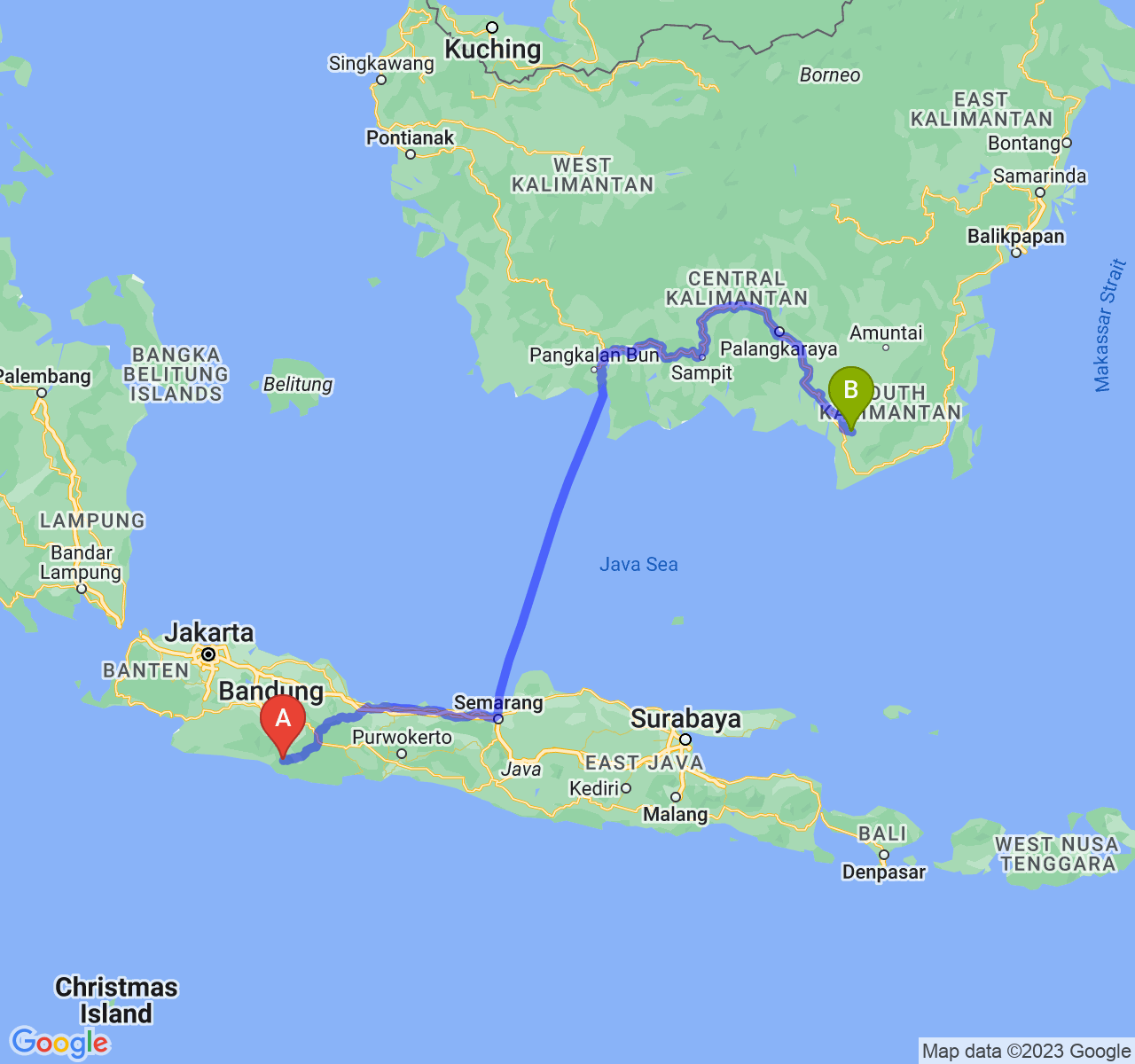 rute perjalanan Kab. Garut-Kota Banjarbaru