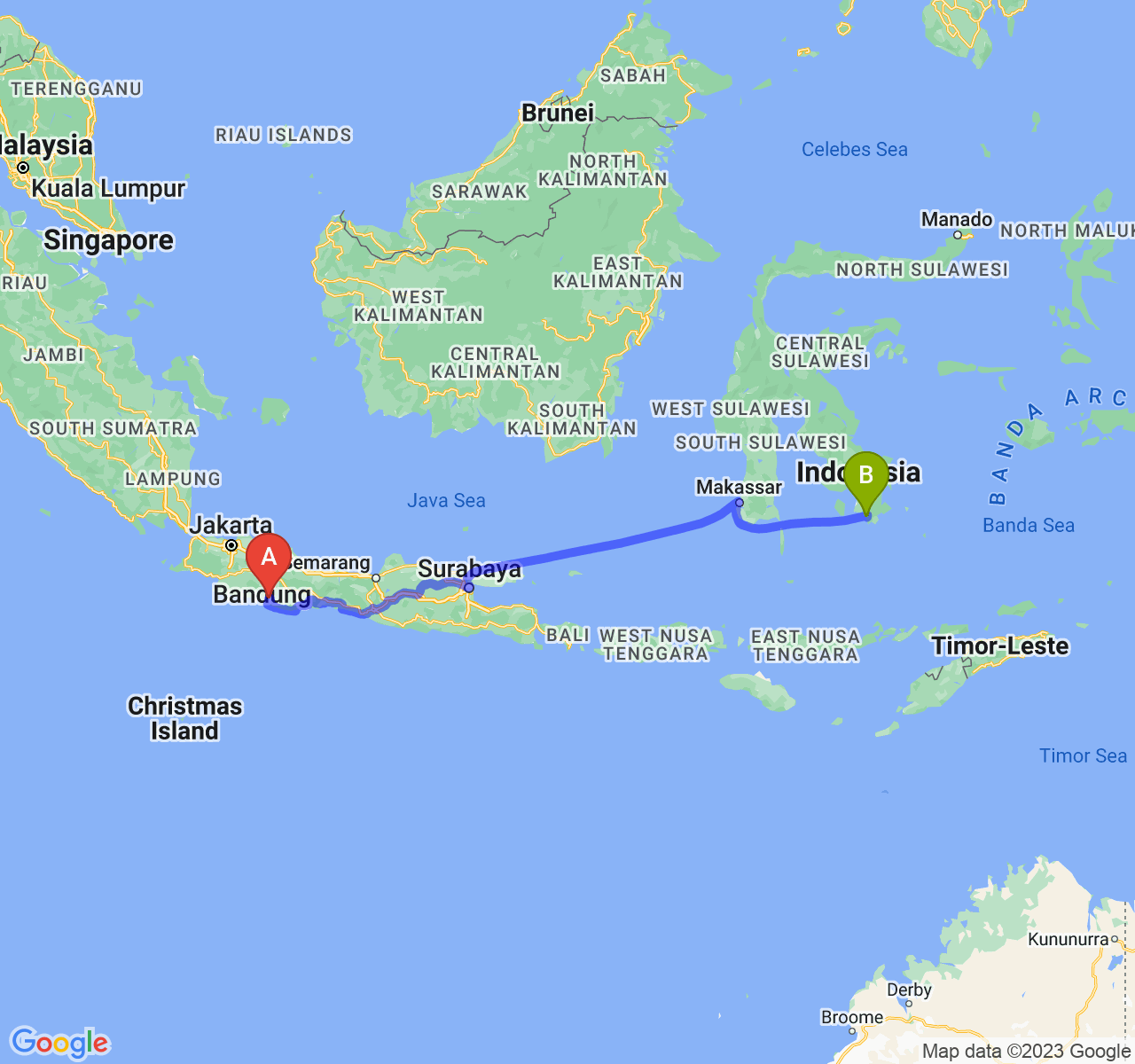 rute perjalanan Kab. Garut-Kota Baubau