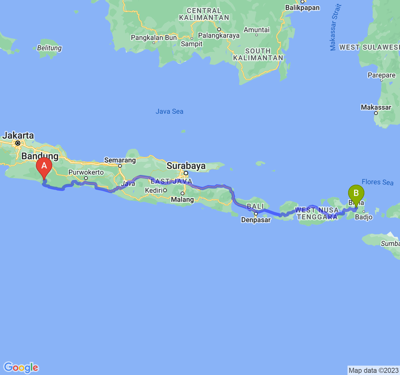 rute perjalanan Kab. Garut-Kota Bima