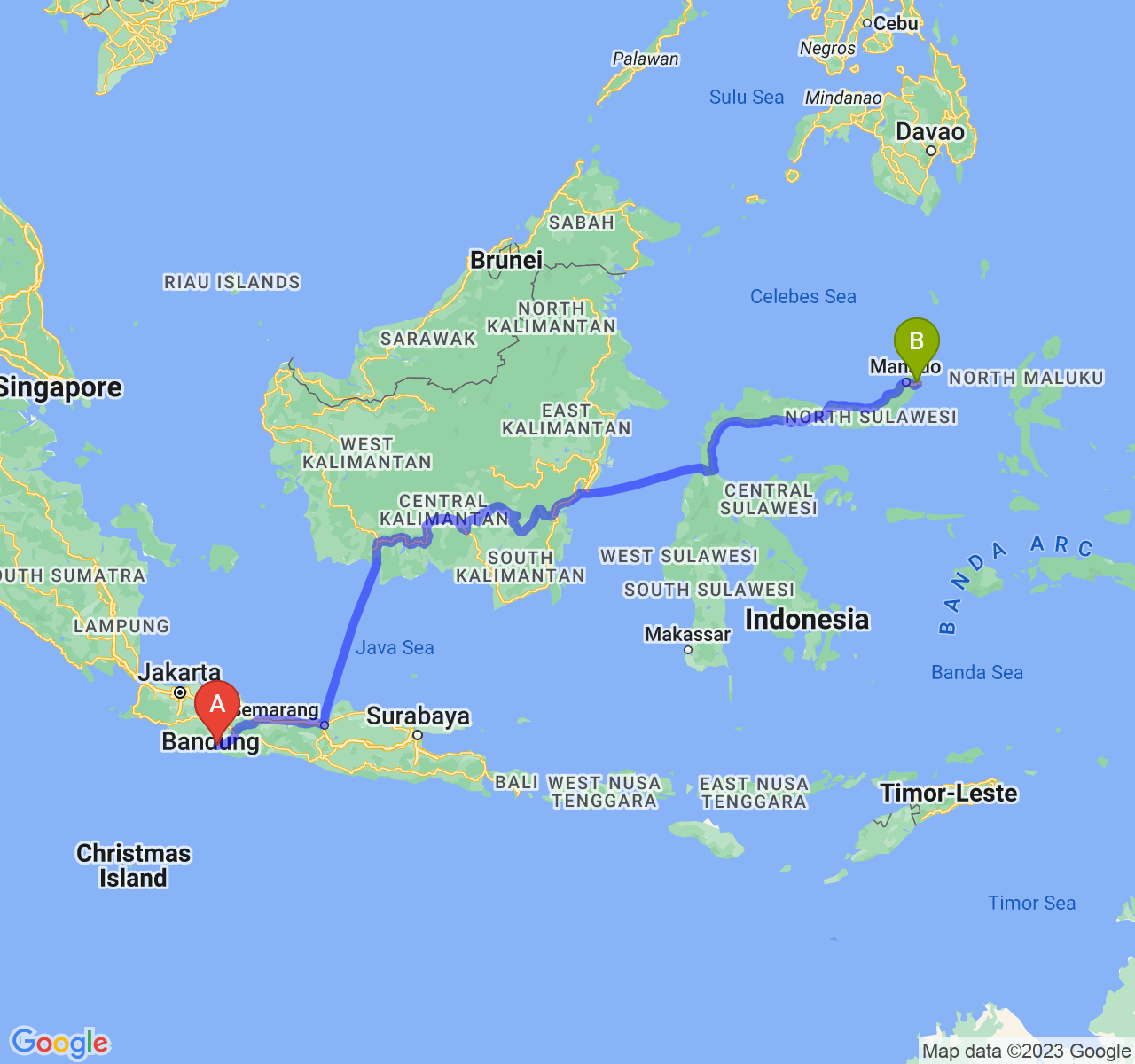 rute perjalanan Kab. Garut-Kota Bitung