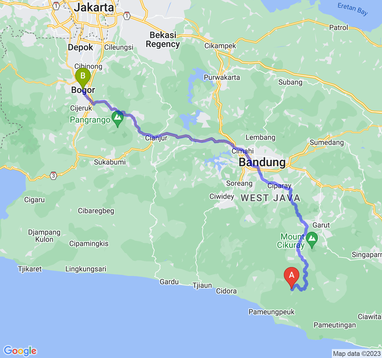 rute perjalanan Kab. Garut-Kota Bogor