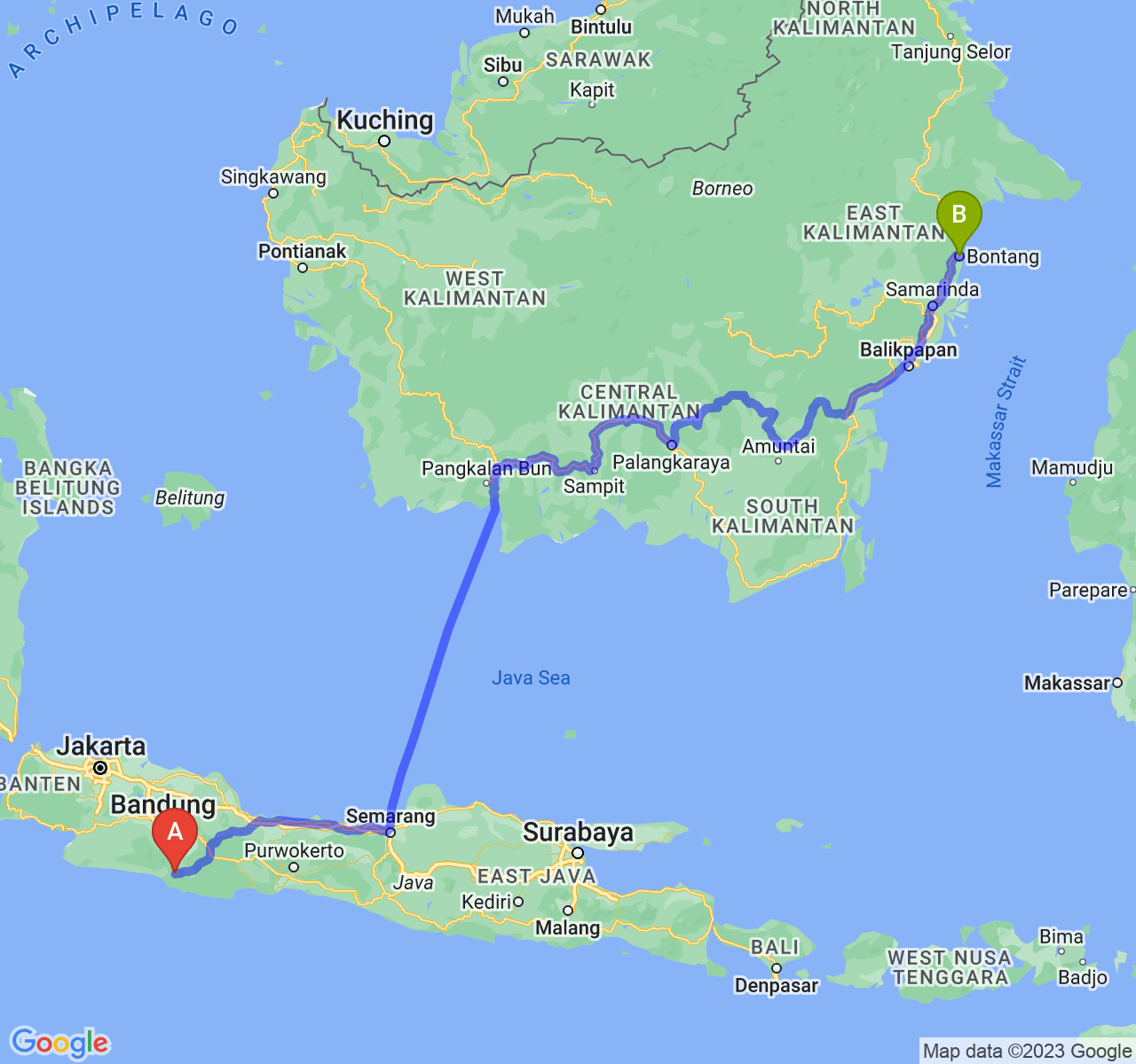 rute perjalanan Kab. Garut-Kota Bontang