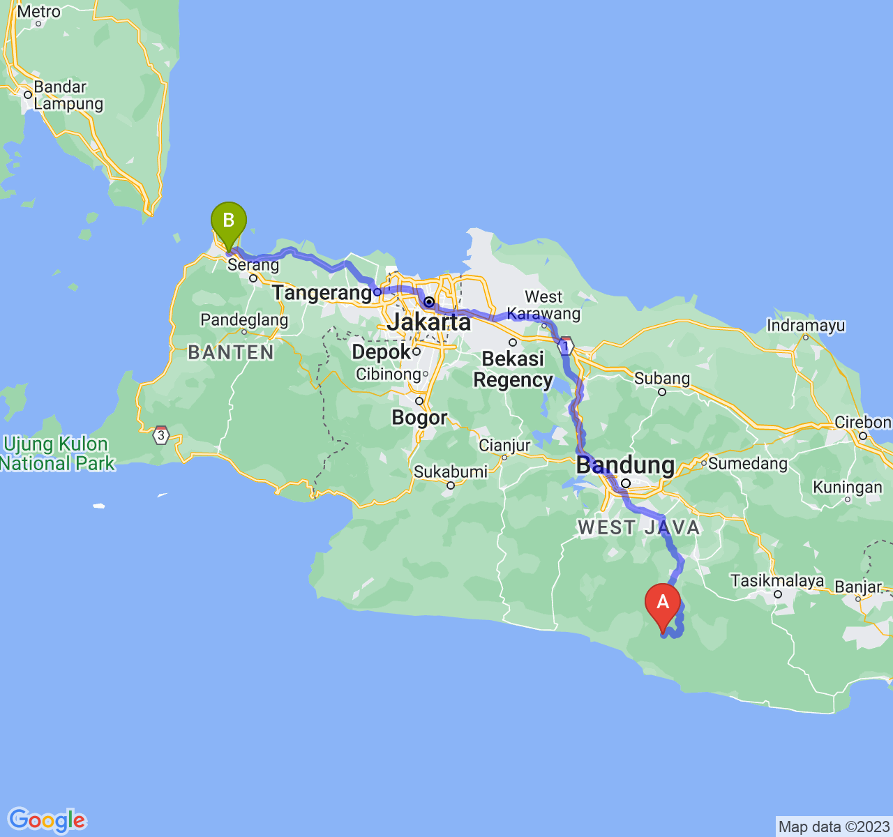 rute perjalanan Kab. Garut-Kota Cilegon