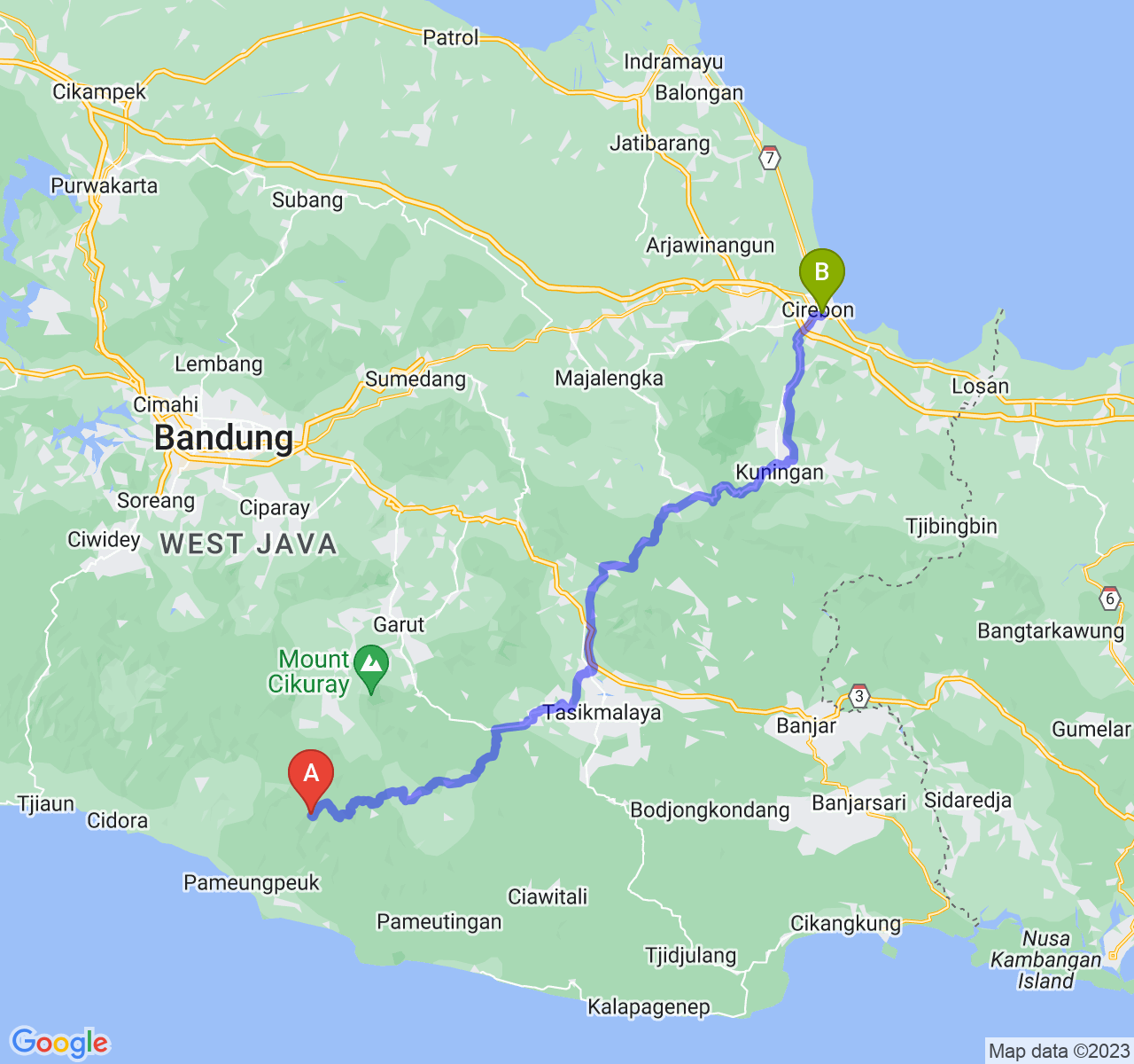 rute perjalanan Kab. Garut-Kota Cirebon