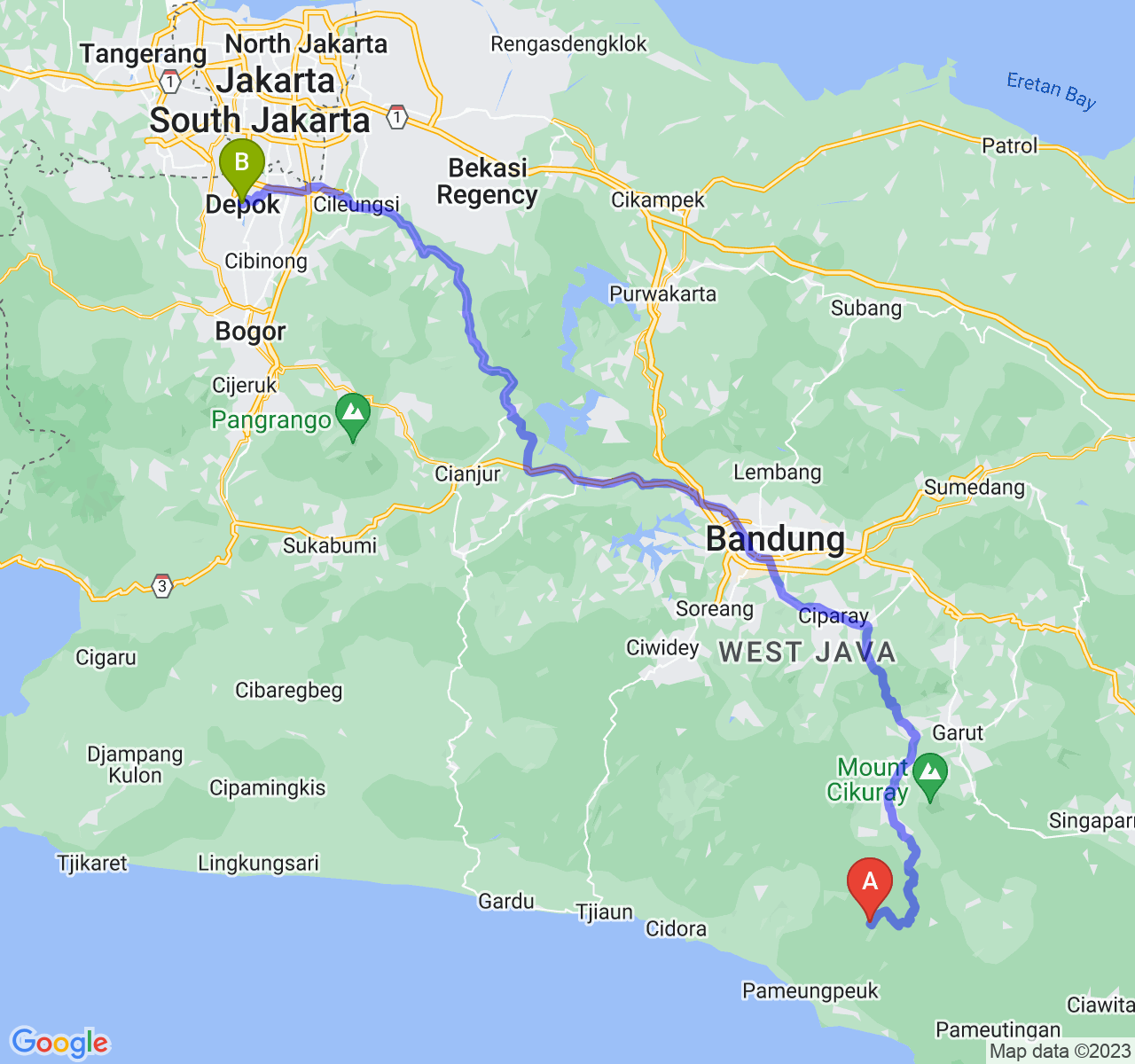 rute perjalanan Kab. Garut-Kota Depok