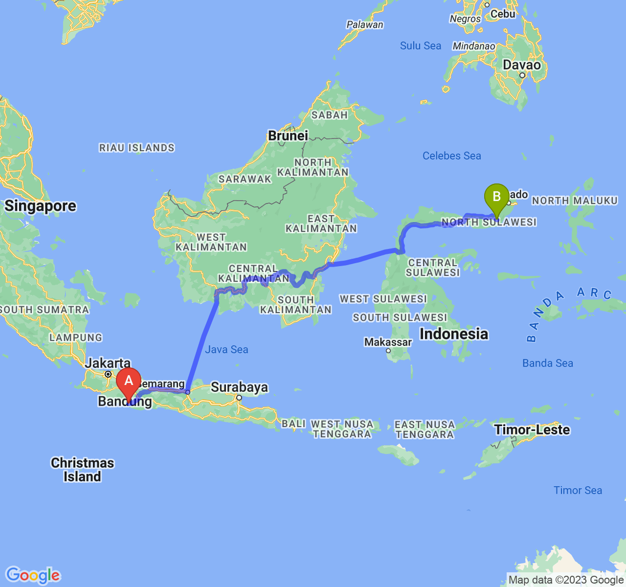 rute perjalanan Kab. Garut-Kota Kotamobagu