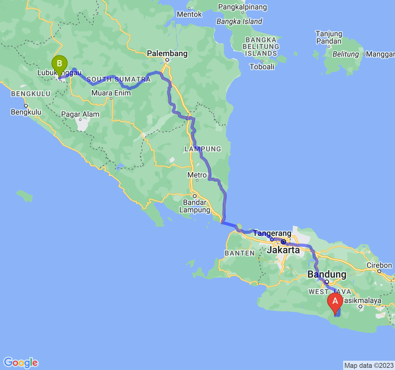 rute perjalanan Kab. Garut-Kota Lubuk Linggau