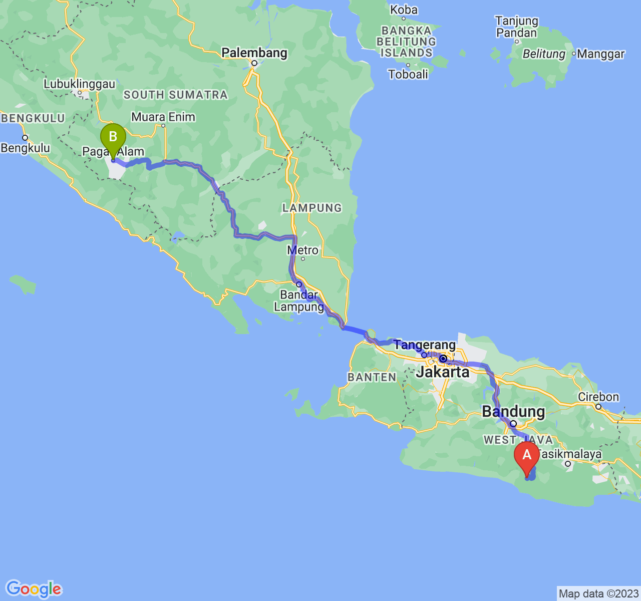 rute perjalanan Kab. Garut-Kota Pagar Alam