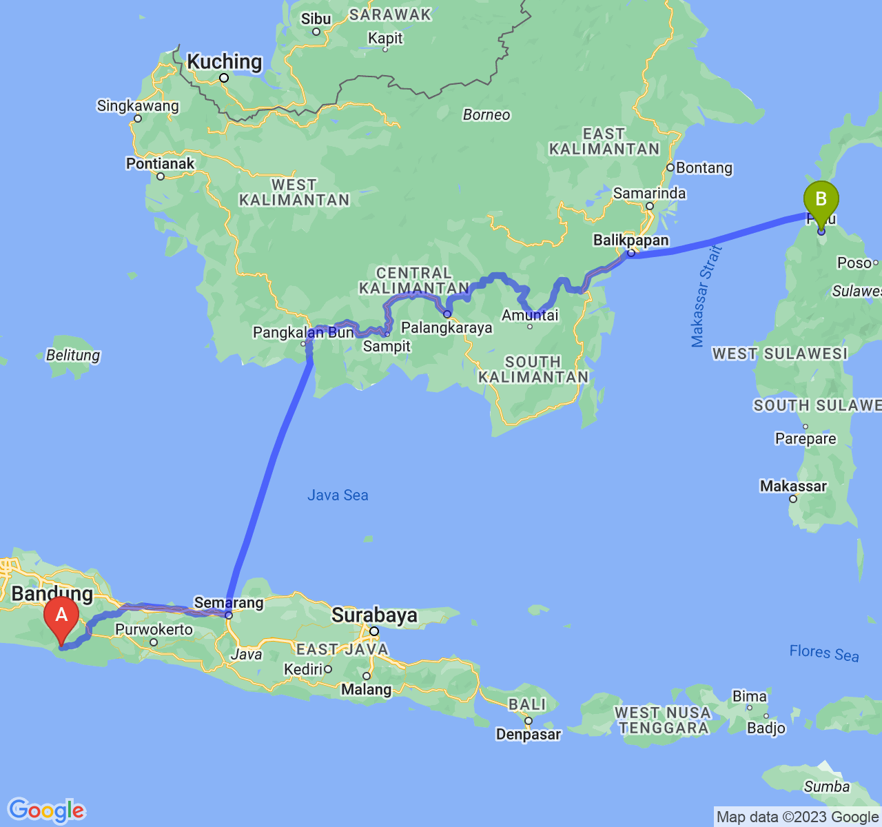 rute perjalanan Kab. Garut-Kota Palu