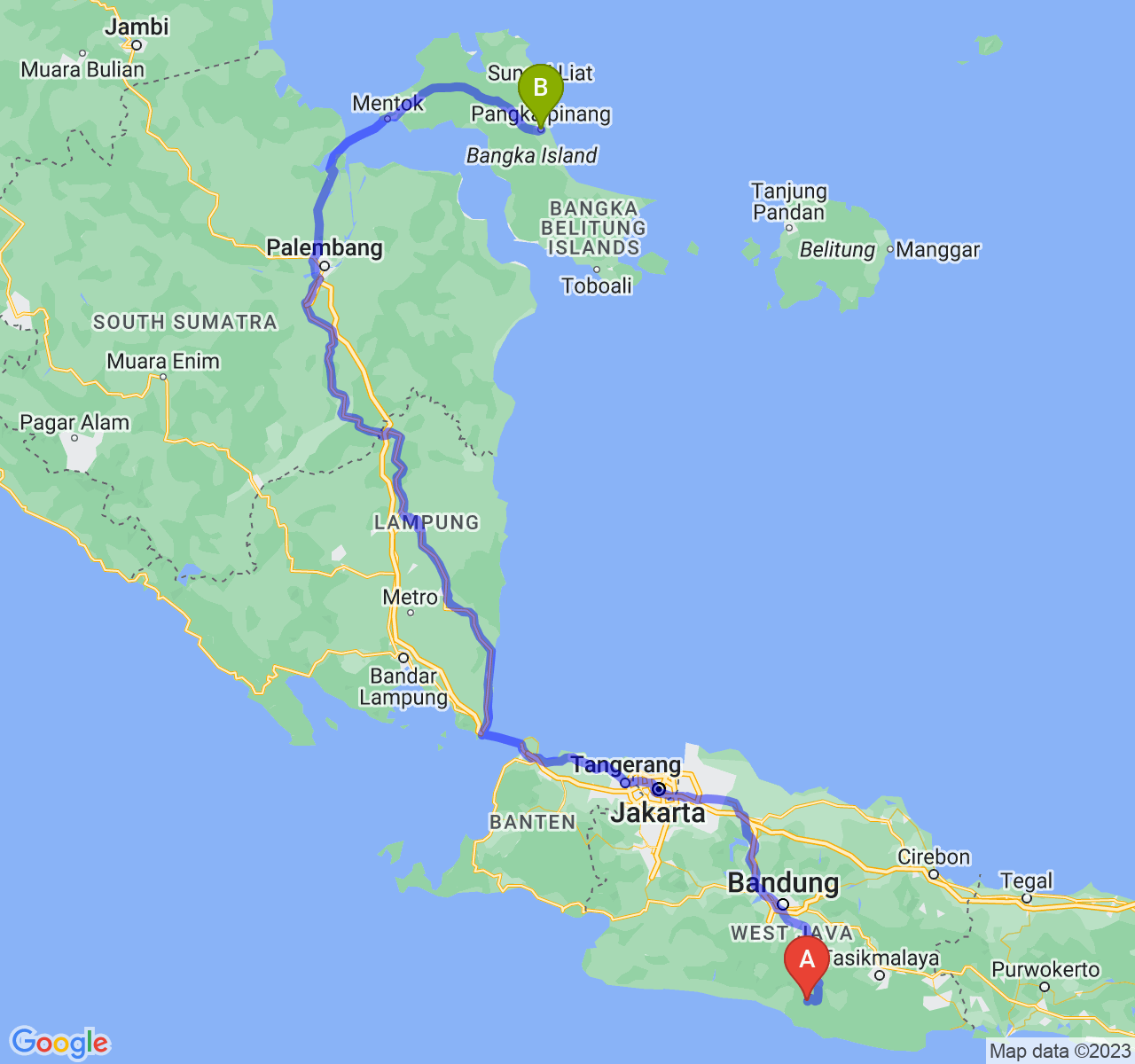 rute perjalanan Kab. Garut-Kota Pangkalpinang