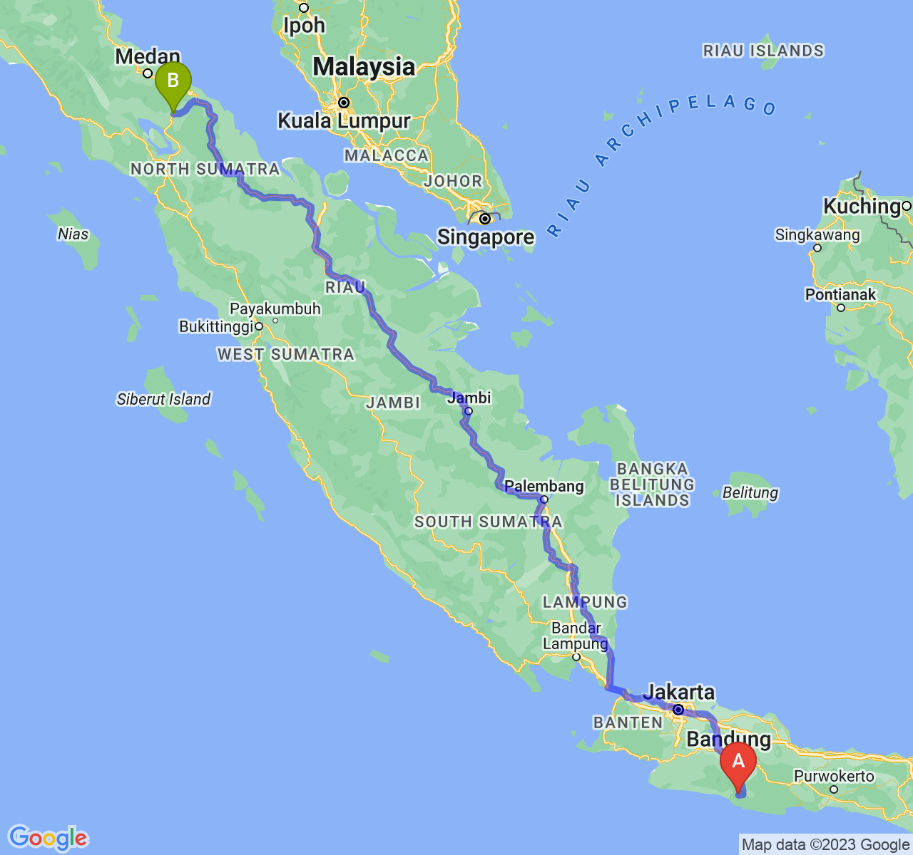 rute perjalanan Kab. Garut-Kota Pematangsiantar