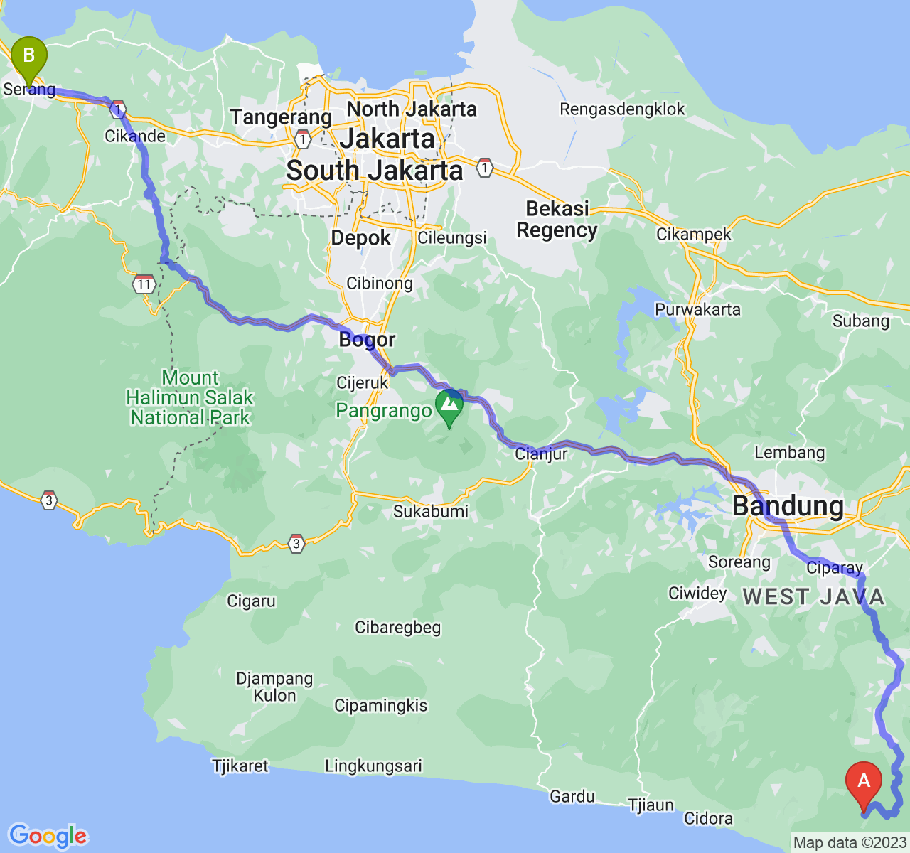 rute perjalanan Kab. Garut-Kota Serang