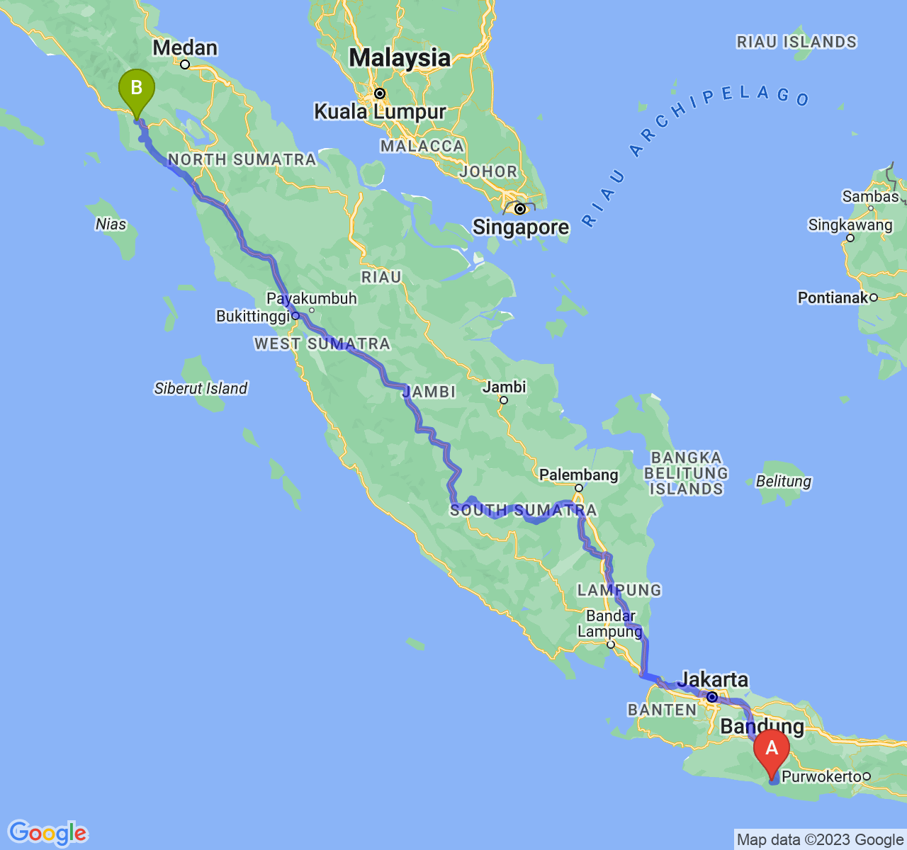 rute perjalanan Kab. Garut-Kota Subulussalam