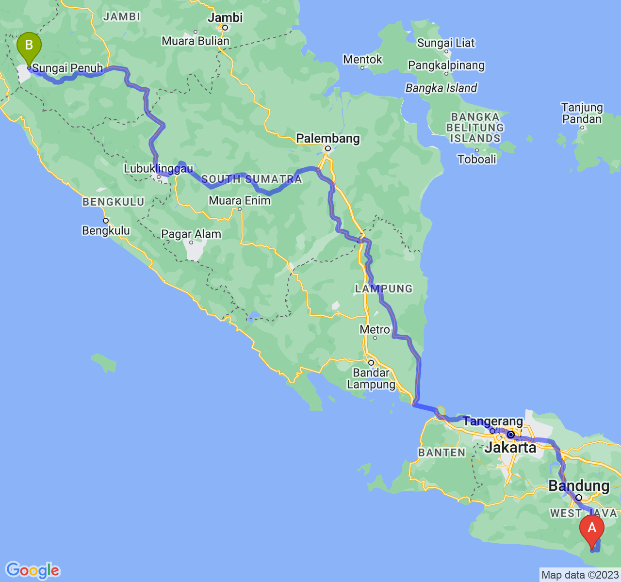 rute perjalanan Kab. Garut-Kota Sungai Penuh